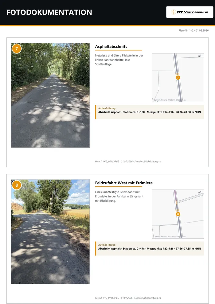 A4-Seite einer Fotodokumentation mit dunklem Kopfbalken, Logo und zwei Dokumentationskarten mit Foto und Lageskizze.