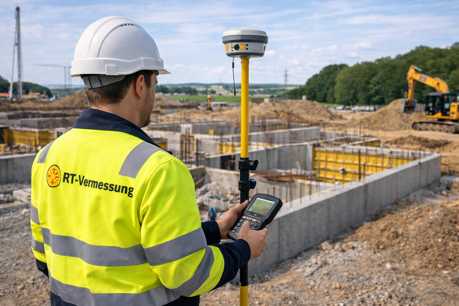 Vermessungstechniker bei Bauabsteckung mit Totalstation auf Baustelle